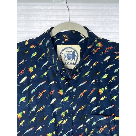 RSVLTS Fishing Lures Camp Shirt Mens XL "Lure 'em in" Navy Blue Button Kunuflex - Picture 3 of 12